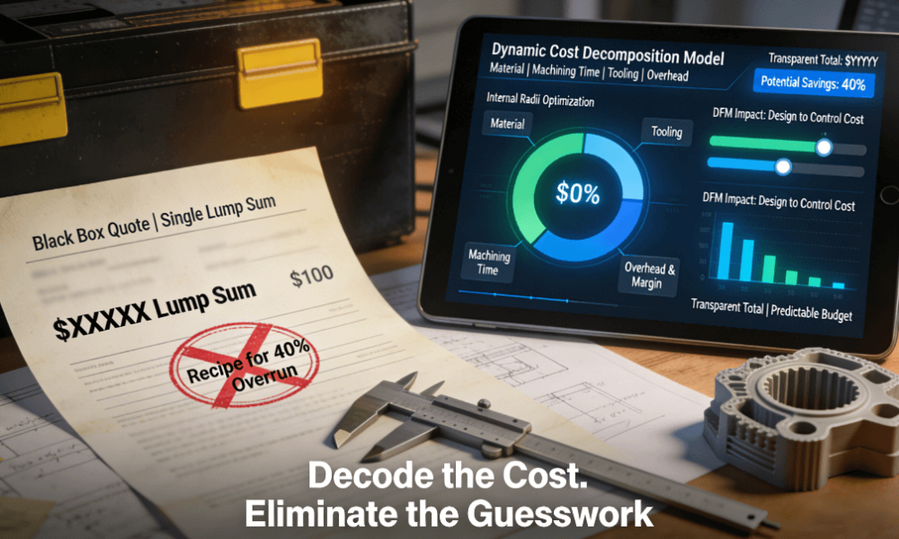 A workspace contrasting a rejected opaque “black box” quote with a single lump sum under a red X, against a tablet displaying a dynamic cost dashboard that breaks down 5-axis machining costs into Material, Machining Time, Tooling, and Overhead, with interactive sliders showing DFM impact.