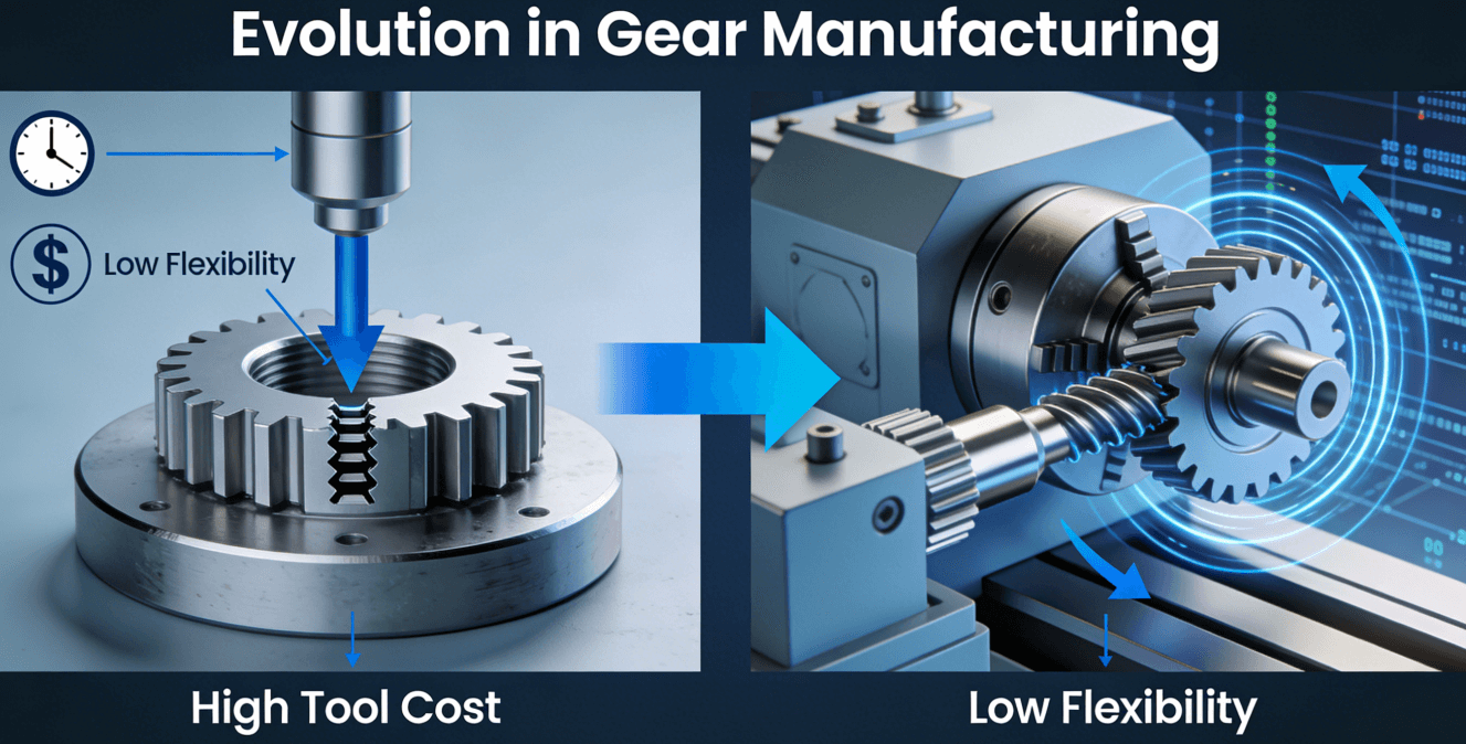Diagram comparing Gear Forming (stamping) and Gear Generating (simulated meshing via CNC) processes, highlighting the efficiency and flexibility of modern gear manufacturing by JS Precision.